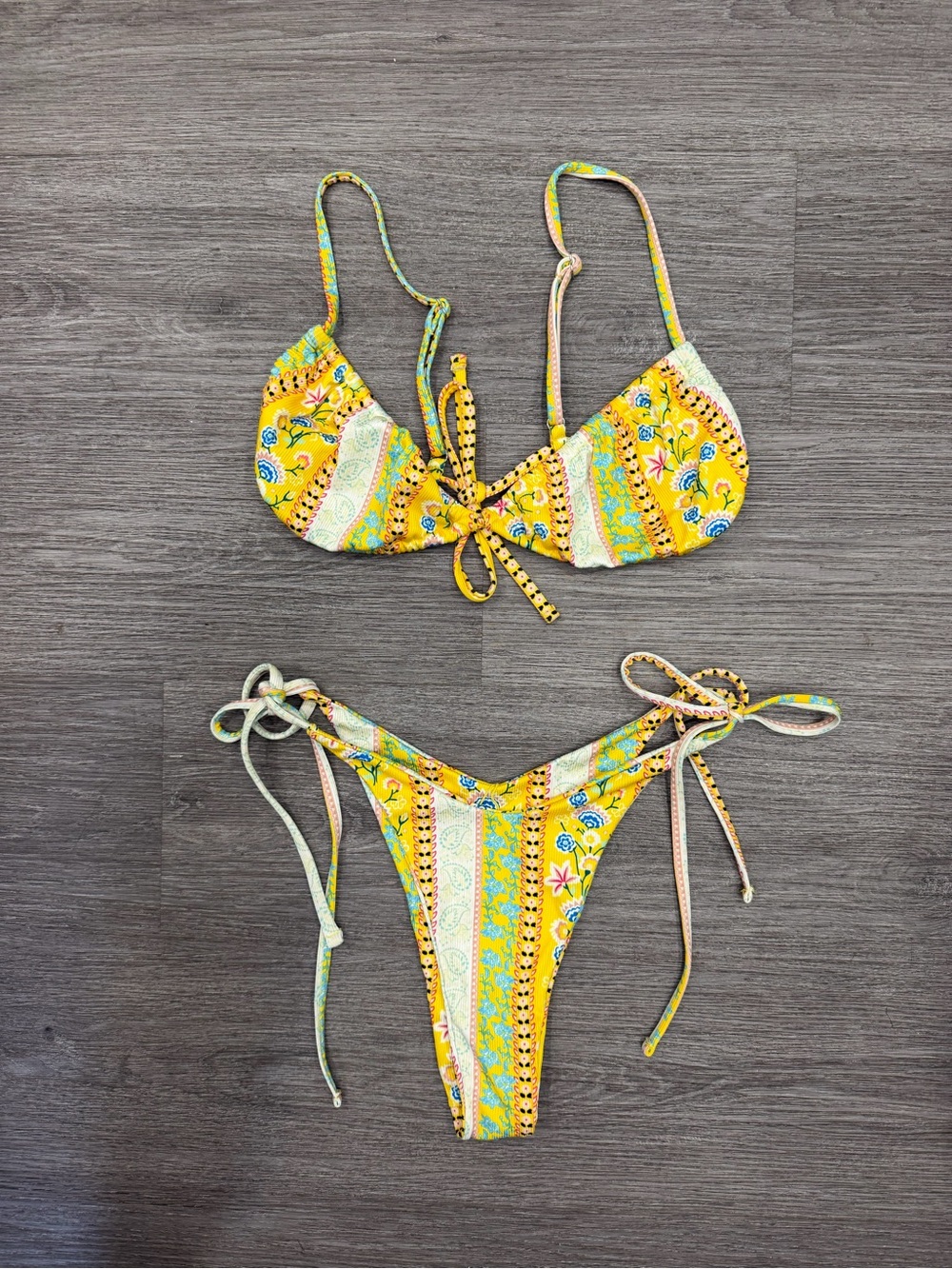 Yellow Floral Tie-Side Bikini Set Size Large